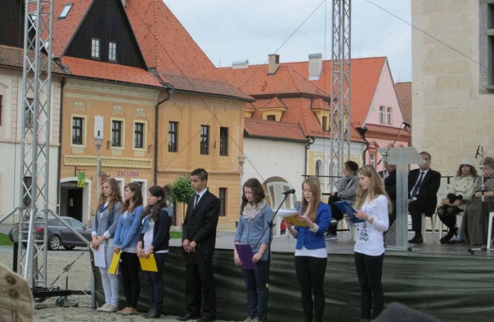 Local high school students read the family surenames of Jewish families who lived in Bardejov prior to 1942