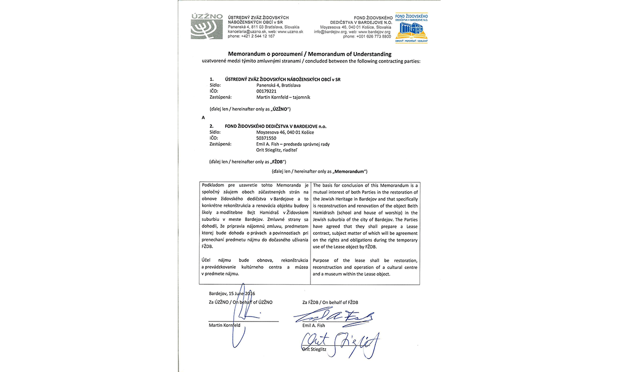 Memorandum between our organization and UZZNO (the Central Union of Jewish Religious Communities in Slovakia) for the restoration of Beith Hamidrash.